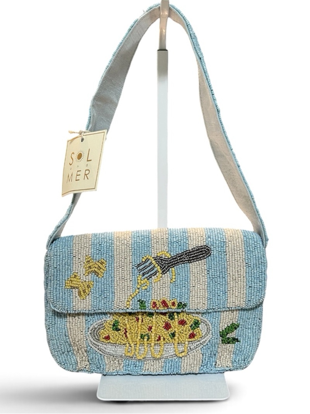 Sol and Mer Striped Spaghetti 3D Pasta Beaded Bag Blue and White Stripes NWT